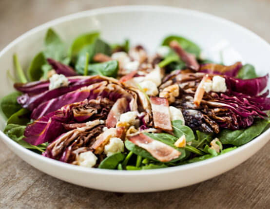 Grilled Radicchio and Spinach Salad with Bacon, Blue Cheese and Walnuts Recipe