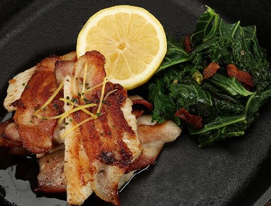 Fish & Bacon Skewers with Bacon Braised Kale