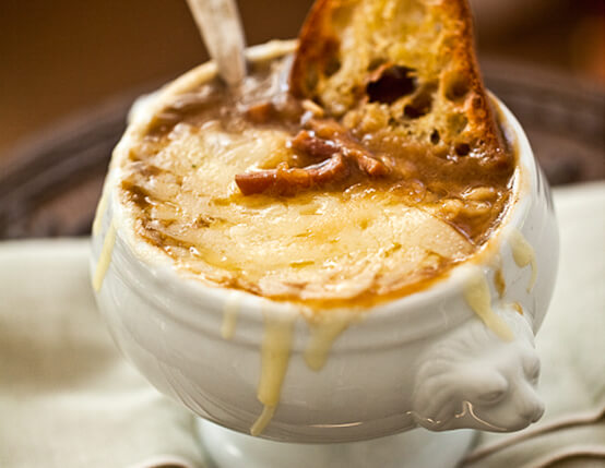 Caramelized Onion Soup with Gruyère and Garlic Crostini Recipe