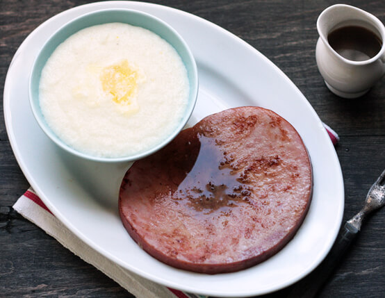Ham Steaks with Red Eye Gravy and Cheesy Grits Recipe
