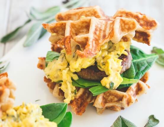 Herbed Cheddar, Sausage and Egg Waffle Sandwiches Recipe