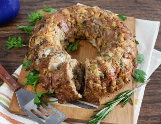 Recipe for Mushroom and Leek Stuffing Cake with Jones Bacon