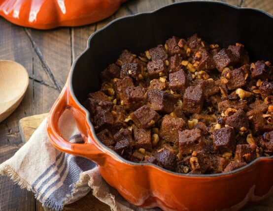 Recipe for Pecan Pumpkin Bread Stuffing with Candied Jones Bacon