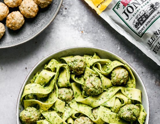 Kale Pesto Pappardelle with Chicken Meatballs